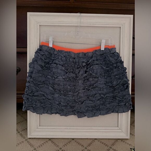 J. Crew denim Blue ruffled mini skirt with neon orange waist band.  NWOT S - Picture 1 of 9